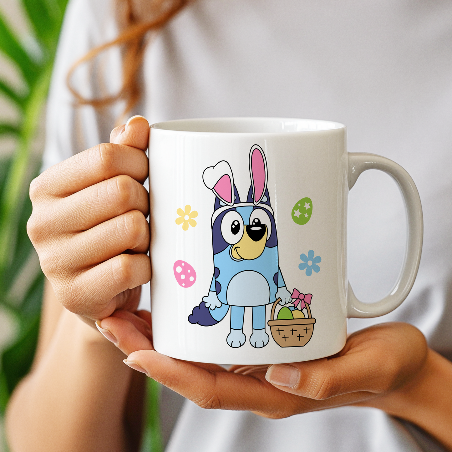 Bluey in bunny costume with flowers and eggs – Easter SVG cut file for Cricut, Silhouette, and printable projects.
