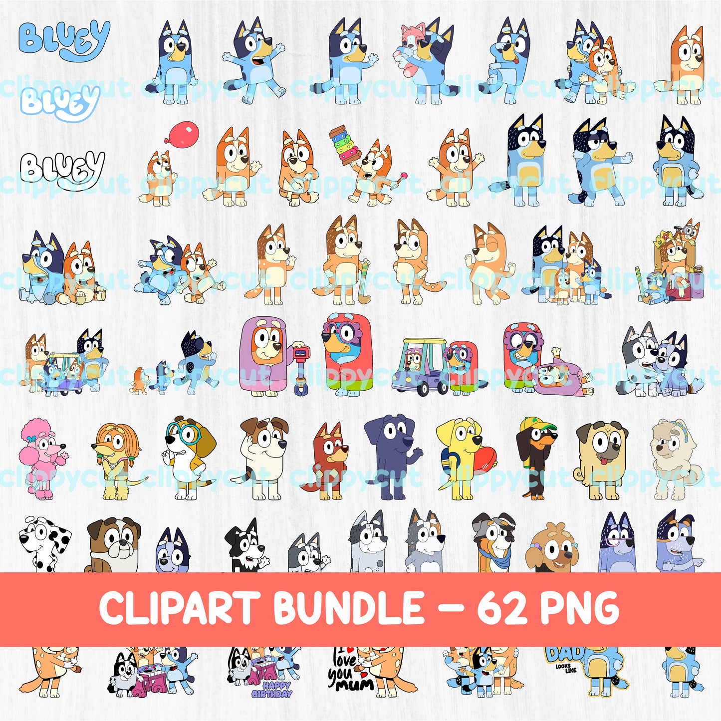 Bluey Clipart Bundle - High Resolution PNG for Sublimation - Bluey, Bingo & Friends Clipart - Cute Bluey Characters - Transfers Iron On