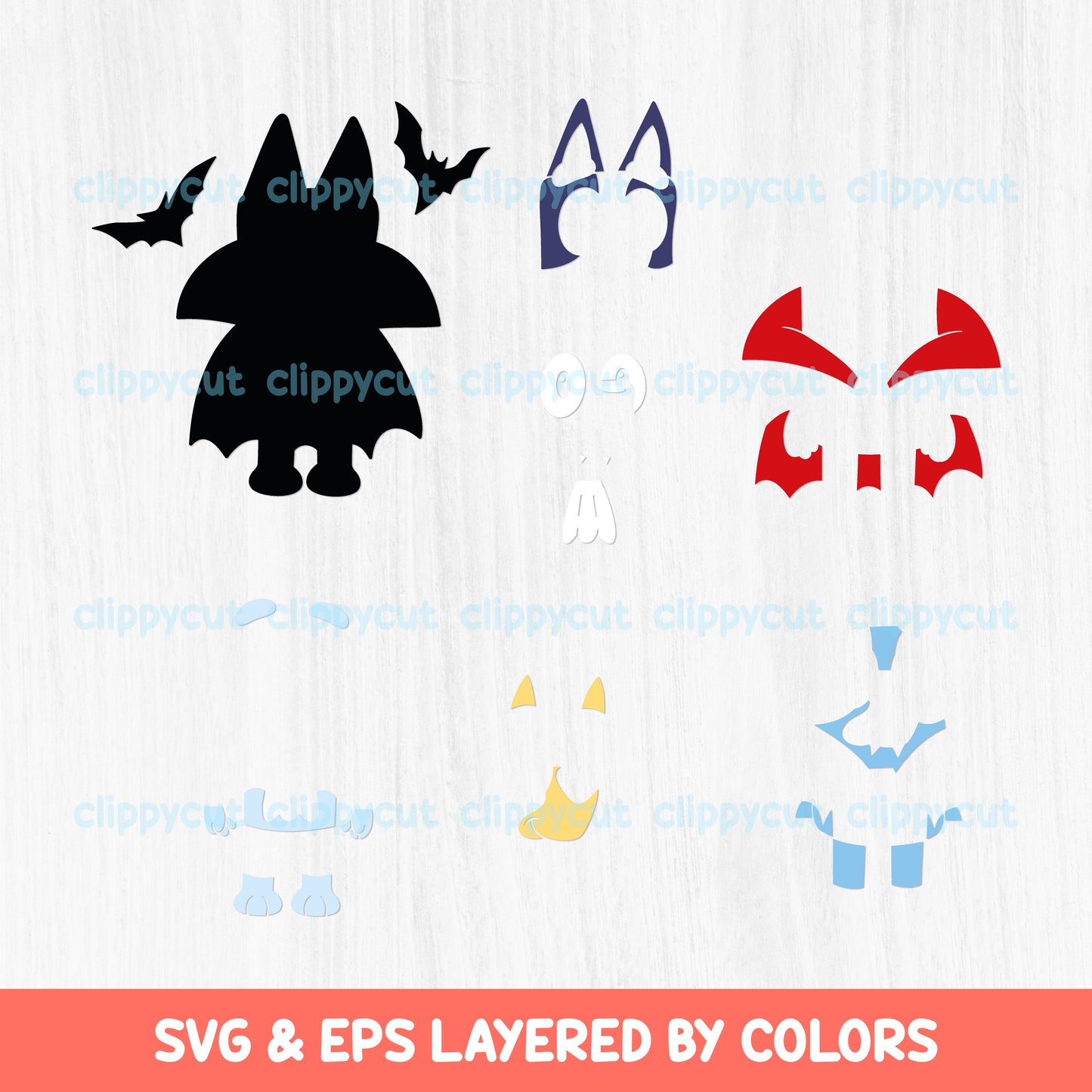Bluey dressed as a vampire with bats, perfect for Halloween-themed crafts. Includes SVG, PNG, EPS, and DXF formats for Cricut and Silhouette projects.