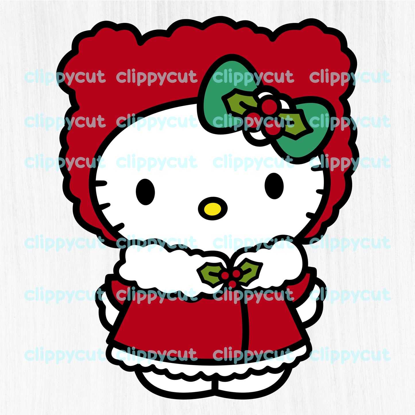 Christmas Hello Kitty SVG bundle with 19 festive designs, including Hello Kitty as a Christmas tree, Santa, gingerbread, and holiday wreaths