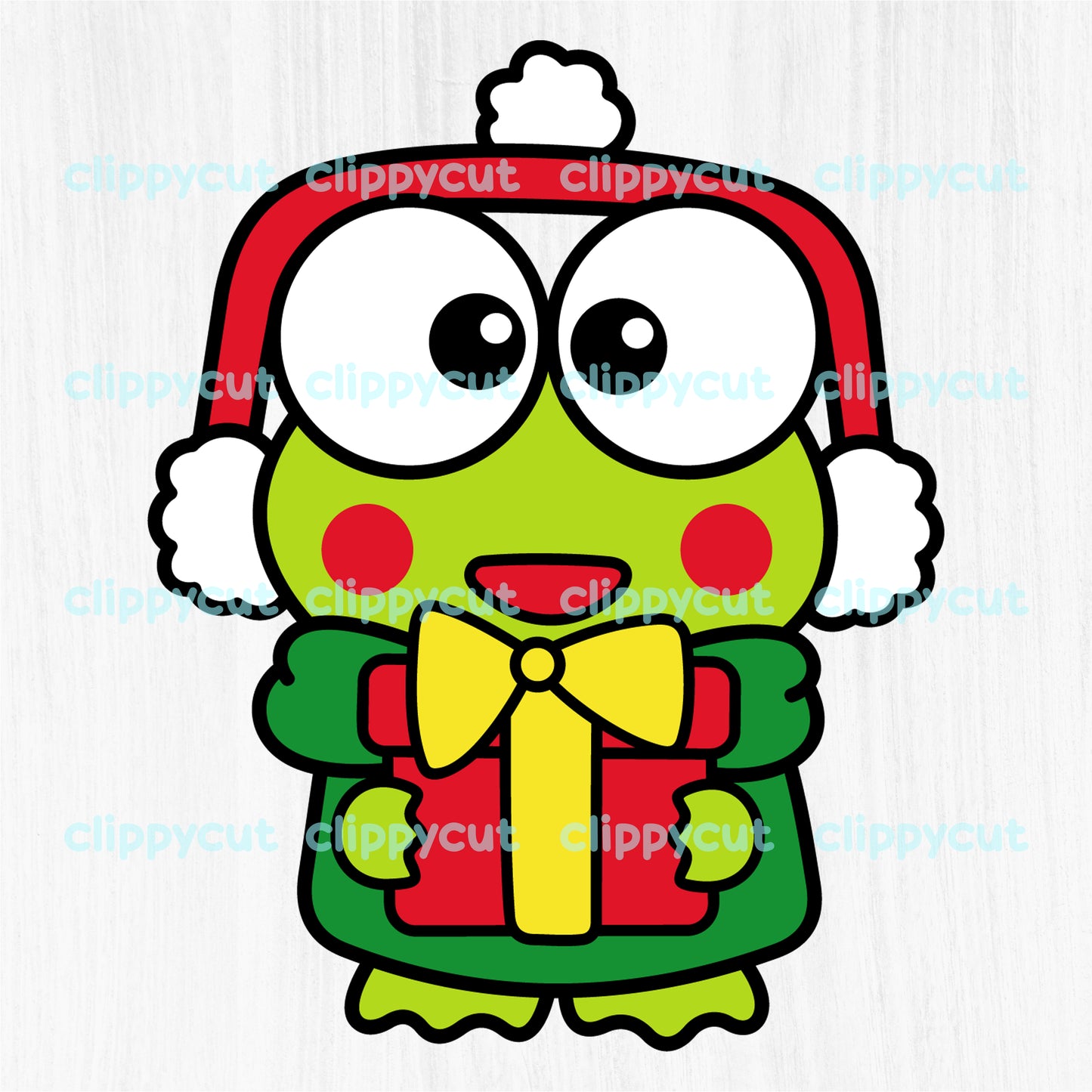 Keroppi holding a wrapped Christmas gift, dressed in a festive outfit with earmuffs. Available in SVG, PNG, and DXF formats for holiday crafts and creative projects.