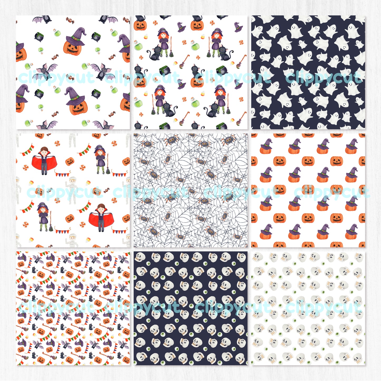Halloween Digital Paper Pack - 18 Seamless Watercolor Patterns - Halloween Bundle - Halloween Backgrounds - Halloween Patterns - Ghost - Witch - Bat