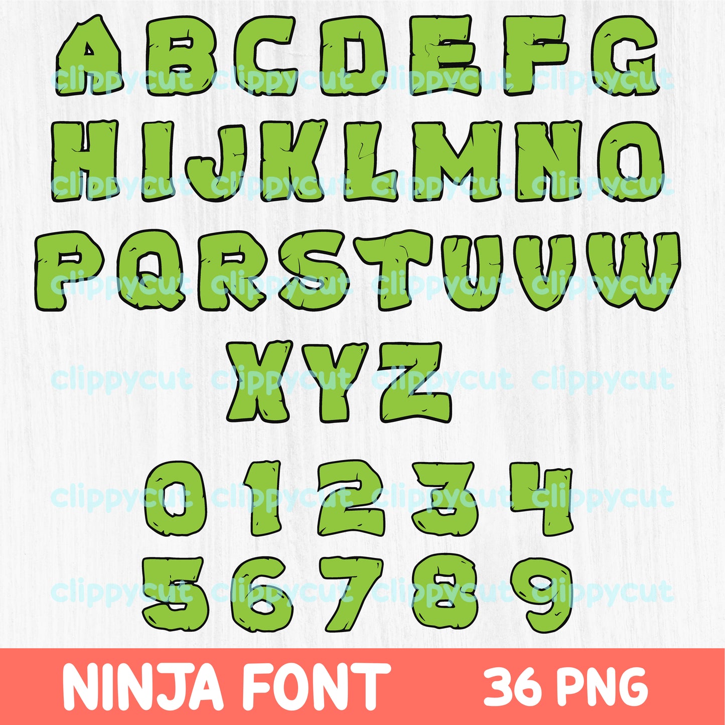 Ninja Font Clipart Bundle featuring 36 PNG designs, including all uppercase letters and numbers. Ideal for posters, invitations, T-shirts, and crafting projects