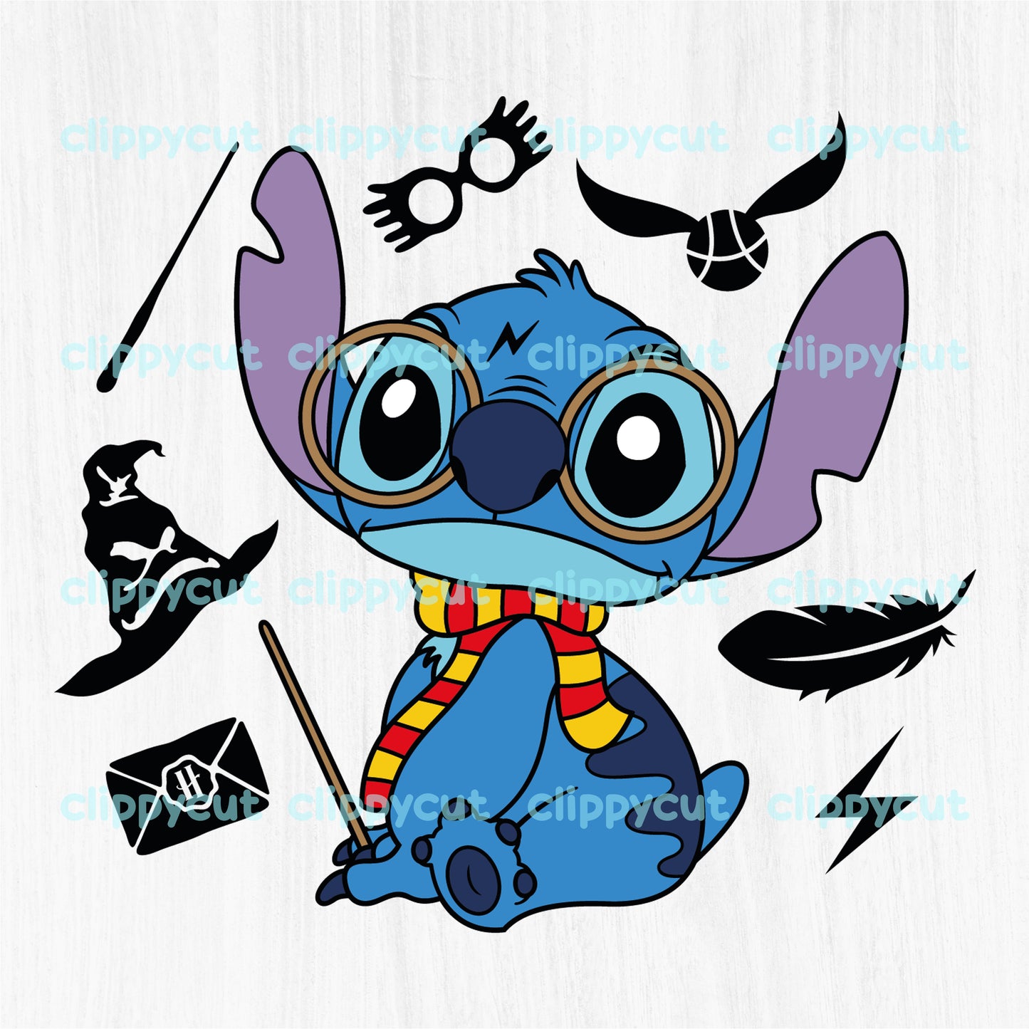 Cute Stitch dressed as Harry Potter with a Gryffindor scarf, glasses, and wand. Ideal clipart for crafting projects using Cricut and Silhouette.