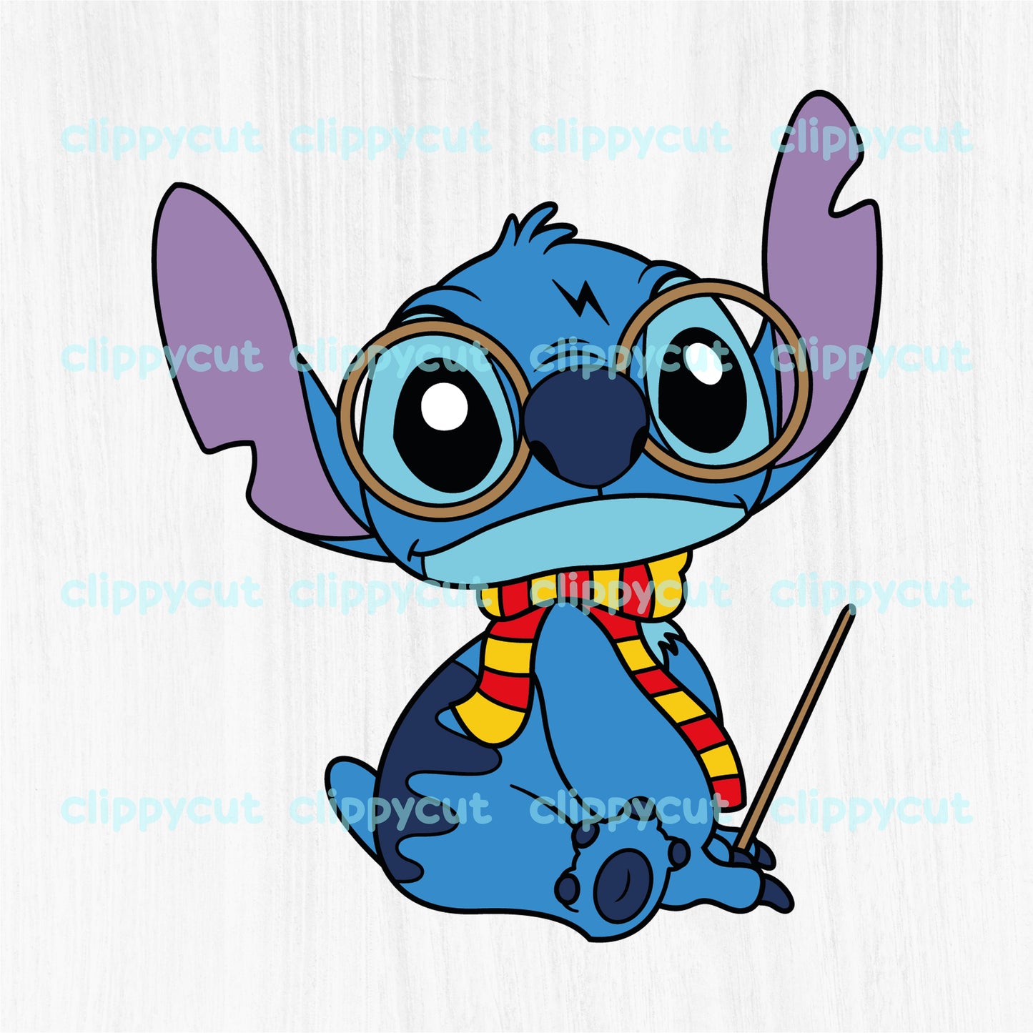 Cute Stitch dressed as Harry Potter with a Gryffindor scarf, glasses, and wand. Ideal clipart for crafting projects using Cricut and Silhouette.