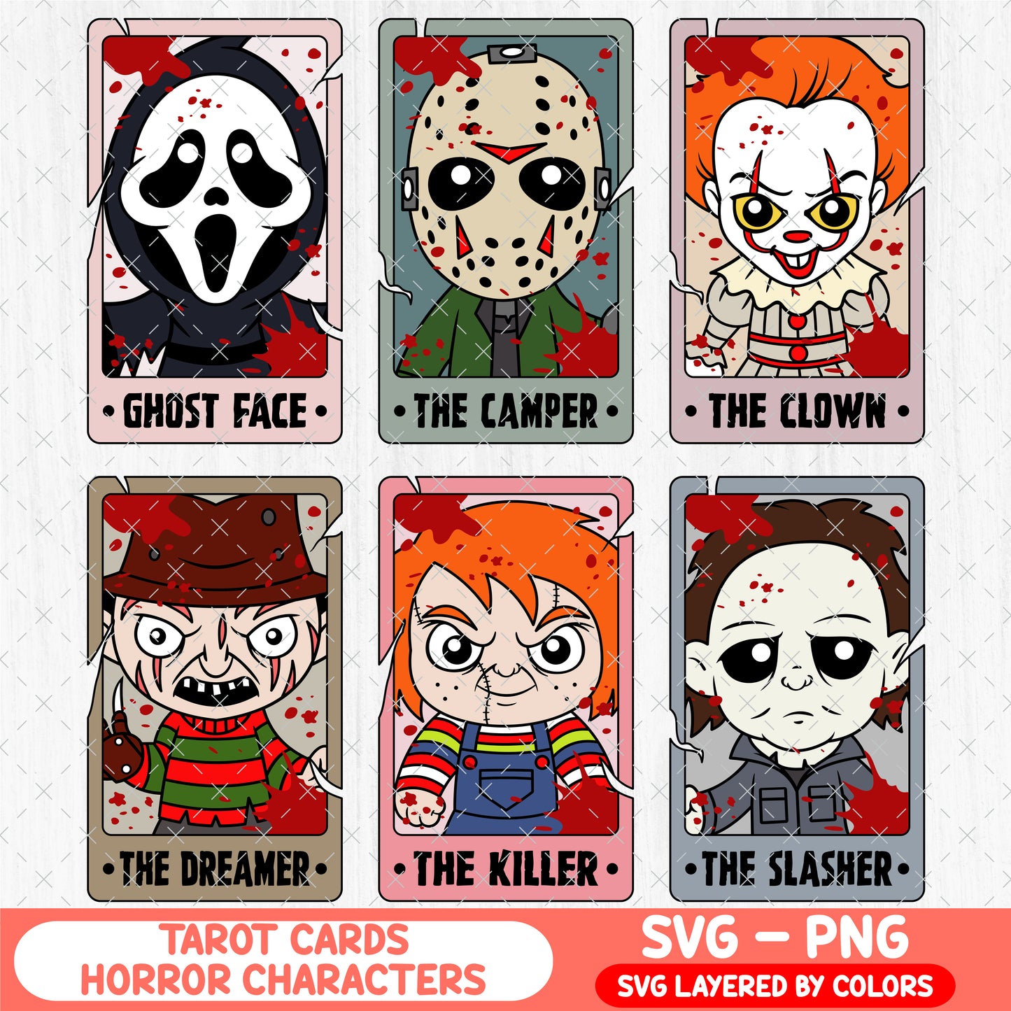 Tarot Cards Horror Characters Bundle SVG - Halloween Scary Movie Clipart - Horror Friends Svg - Horror Movie PNG Designs - Cricut & Silhouette Vector Cut Files