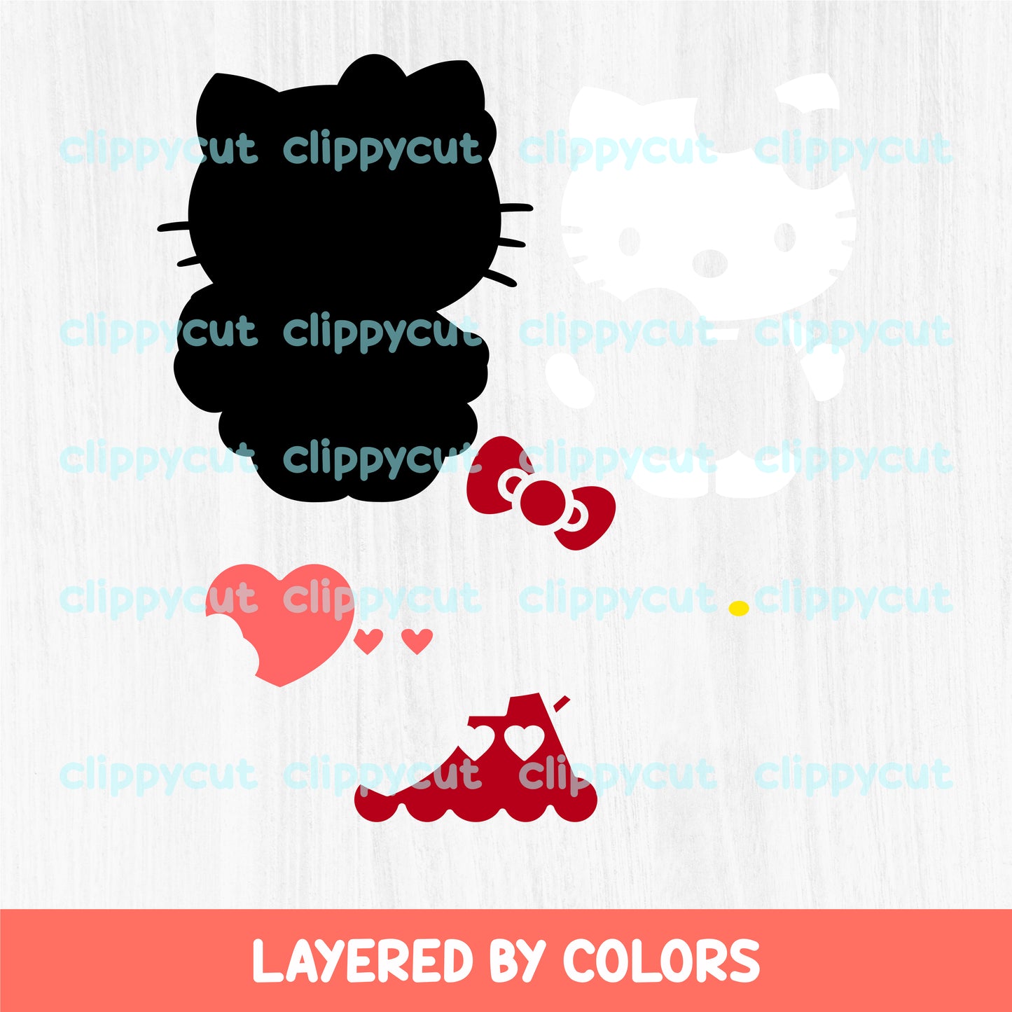 Layered Valentine's Kitty design broken down by colors for easy cutting with Cricut or Silhouette, featuring hearts, bows, and cute details.