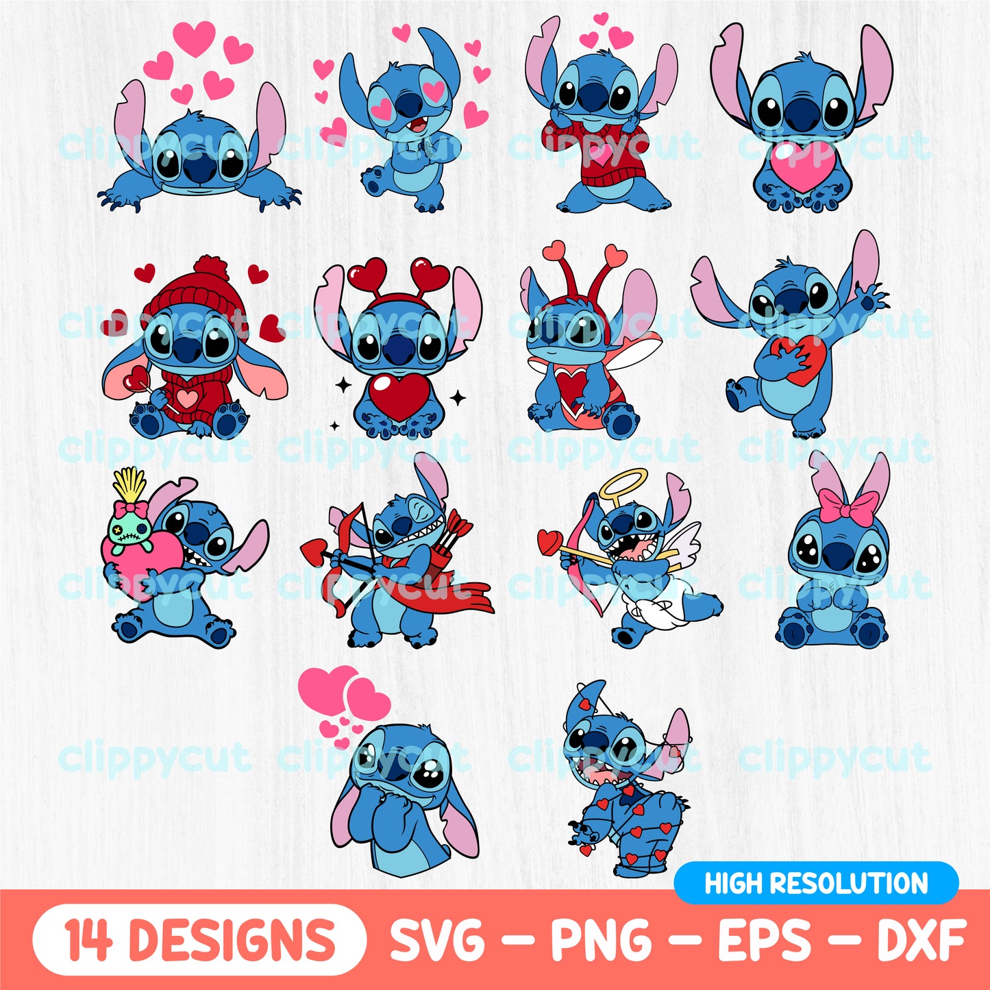 A collection of 14 Valentine's Day Stitch designs featuring cute poses and hearts, ideal for crafting projects and gifts.