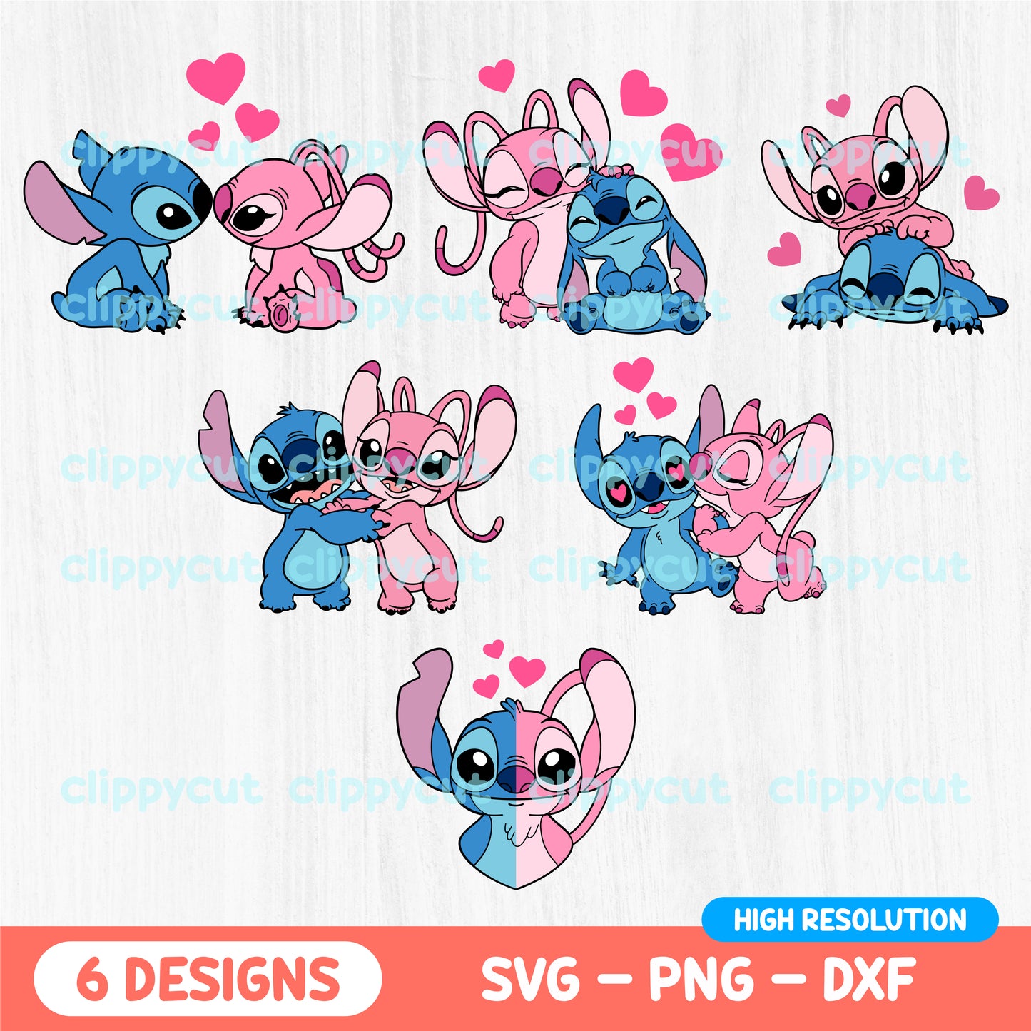 Valentine's Day Stitch SVG Bundle featuring Stitch and Angel in cute romantic poses with hearts. Includes 6 high-quality designs in SVG, PNG, and DXF formats for crafting.
