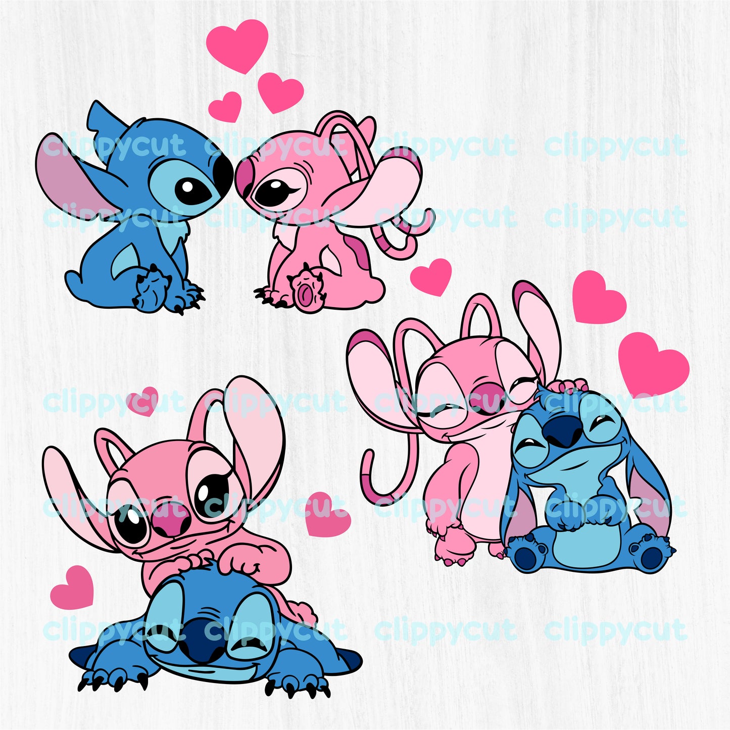 Valentine's Day Stitch SVG Bundle featuring Stitch and Angel in cute romantic poses with hearts. Includes 6 high-quality designs in SVG, PNG, and DXF formats for crafting.