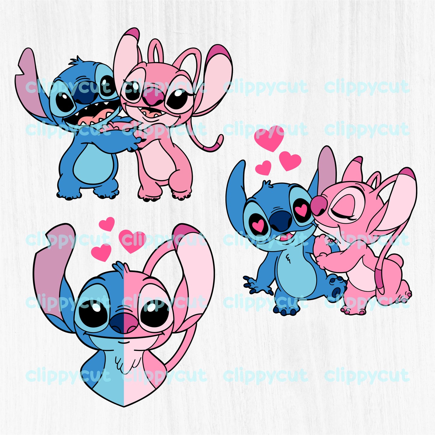 Valentine's Day Stitch SVG Bundle featuring Stitch and Angel in cute romantic poses with hearts. Includes 6 high-quality designs in SVG, PNG, and DXF formats for crafting.