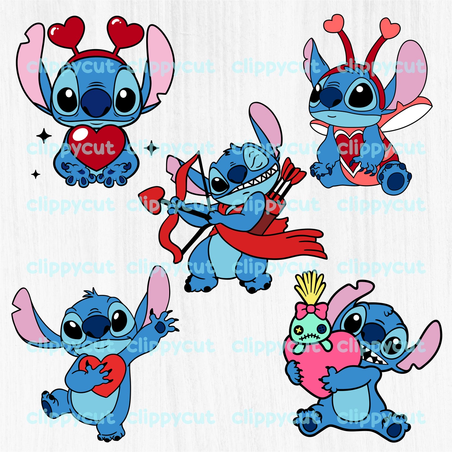 A collection of 14 Valentine's Day Stitch designs featuring cute poses and hearts, ideal for crafting projects and gifts.