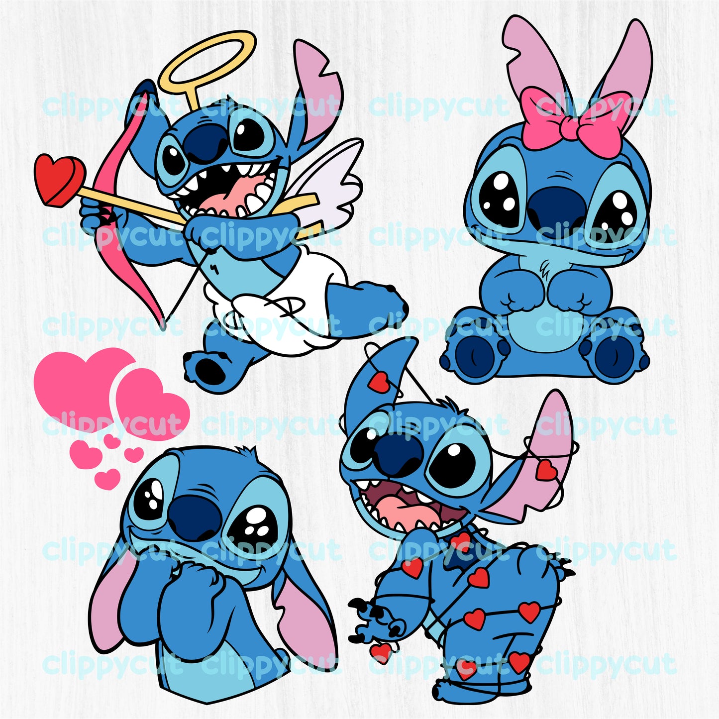 A collection of 14 Valentine's Day Stitch designs featuring cute poses and hearts, ideal for crafting projects and gifts.