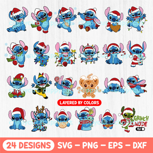 Christmas Stitch SVG Bundle - Christmas Clipart Set - Layered SVG - Cricut Cut Files - Blue Alien PNG Pack - Christmas Cartoon Characters - Stitch Costumes