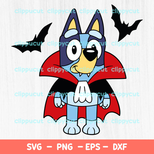 Bluey dressed as a vampire with bats, perfect for Halloween-themed crafts. Includes SVG, PNG, EPS, and DXF formats for Cricut and Silhouette projects.