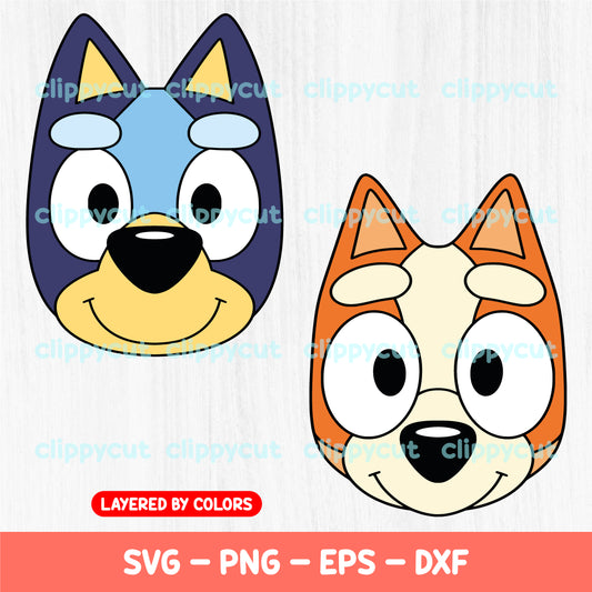 Bluey and Bingo Faces Svg - Cute Bluey and Bingo - Bluey Clipart - Bluey Sublimation PNG - Cartoon Characters - Cut Files - Cricut and Silhouette