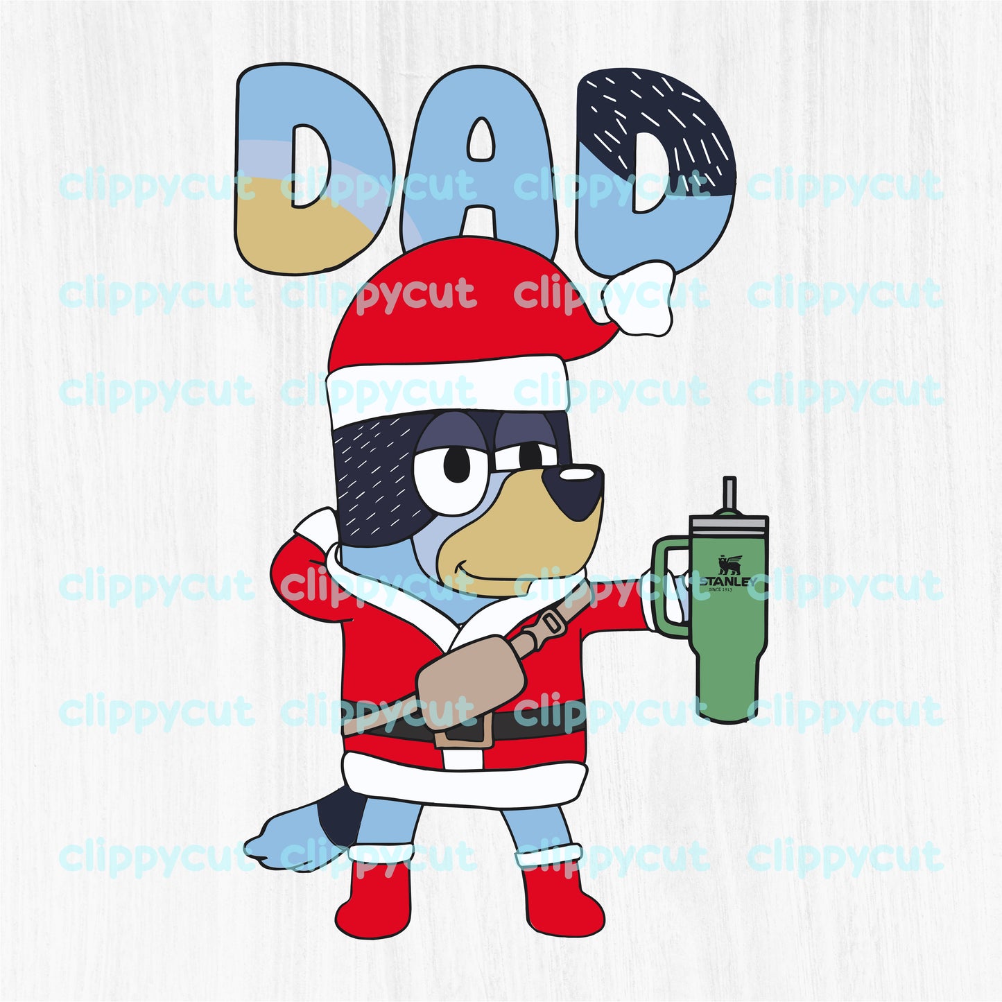 Bandit and Chilli, Bluey’s parents, dressed in Santa Claus outfits holding green Stanley tumblers, with 'Dad' and 'Mum' text above, perfect for Christmas crafts