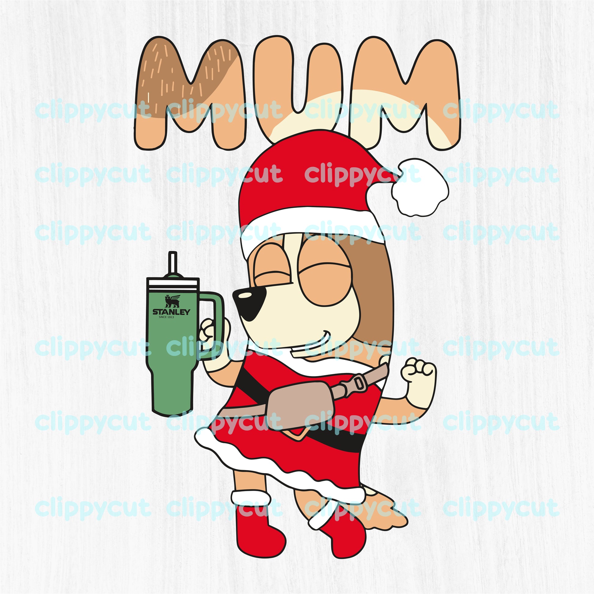 Bandit and Chilli, Bluey’s parents, dressed in Santa Claus outfits holding green Stanley tumblers, with 'Dad' and 'Mum' text above, perfect for Christmas crafts