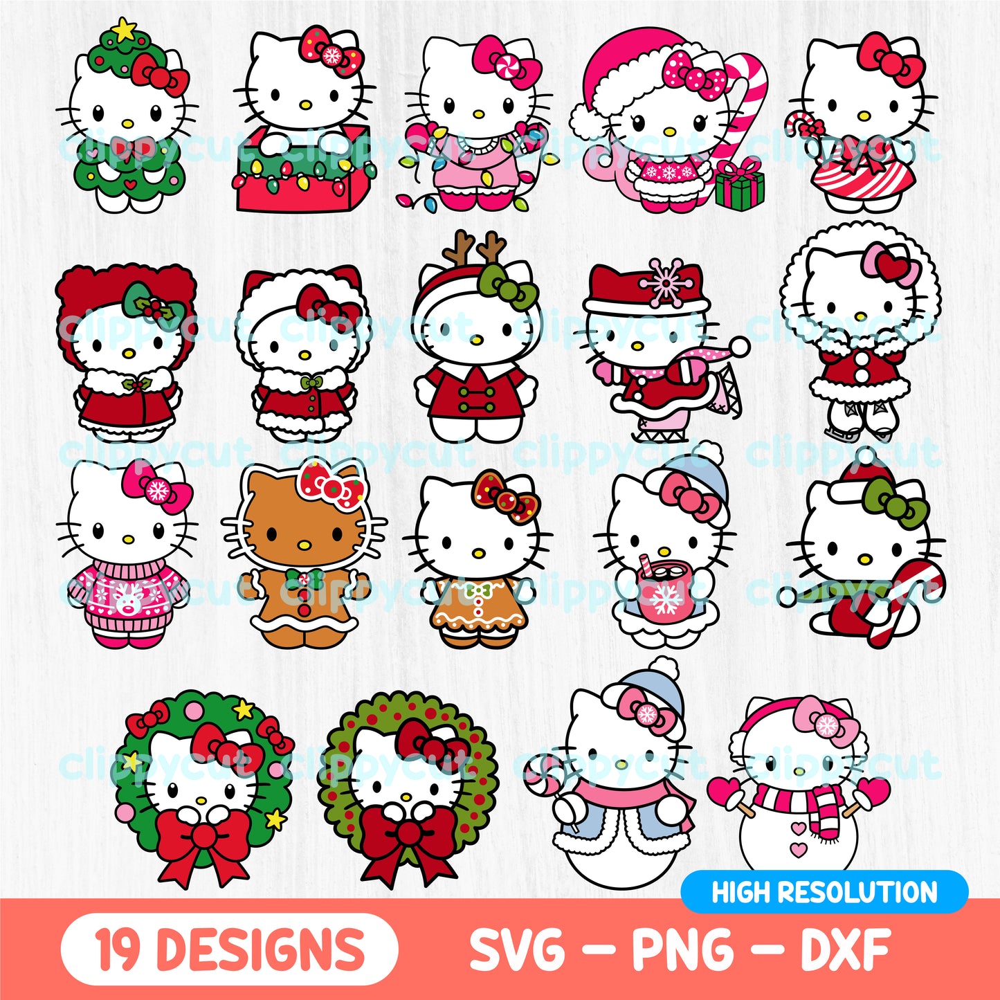 Christmas Hello Kitty SVG bundle with 19 festive designs, including Hello Kitty as a Christmas tree, Santa, gingerbread, and holiday wreaths