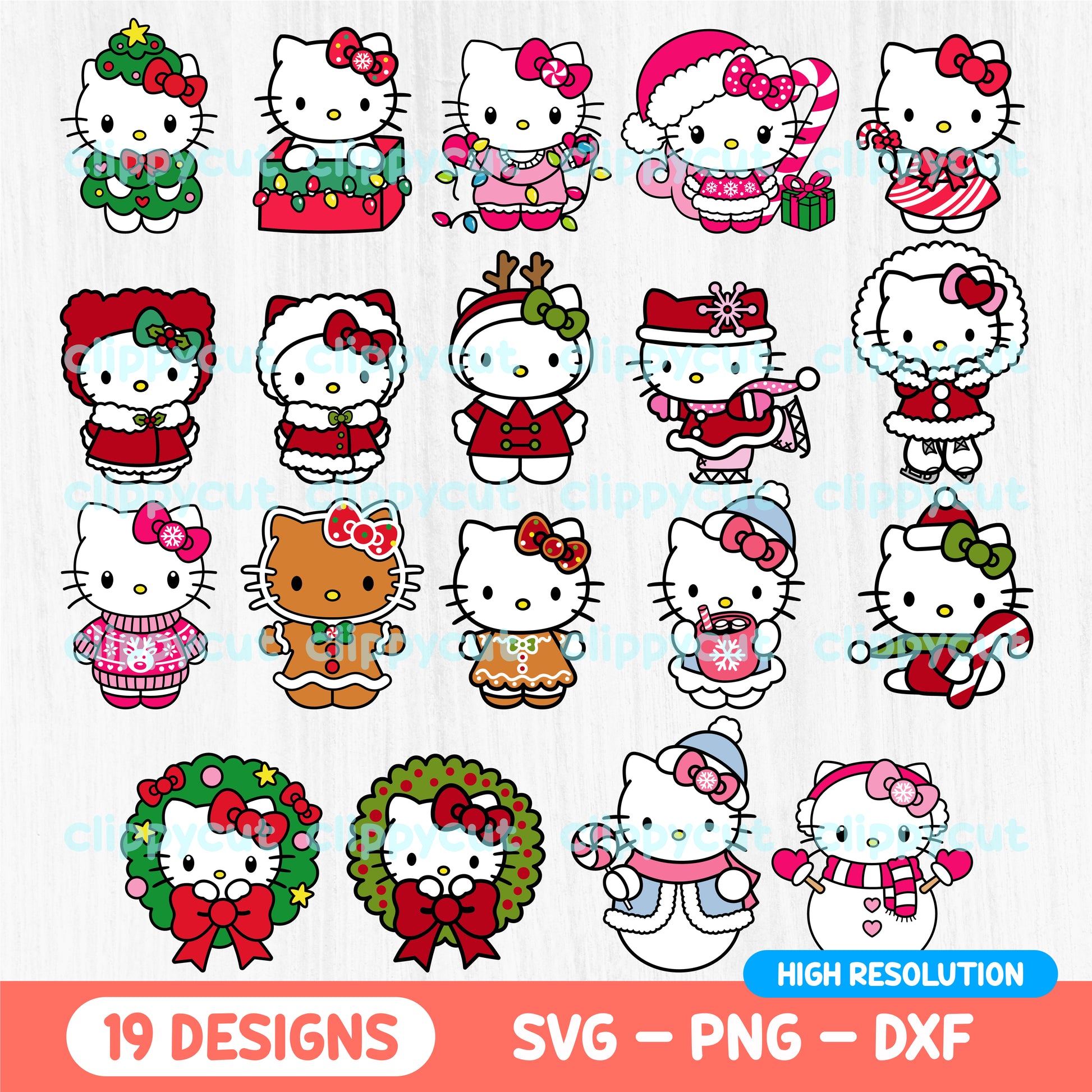 Christmas Hello Kitty SVG bundle with 19 festive designs, including Hello Kitty as a Christmas tree, Santa, gingerbread, and holiday wreaths