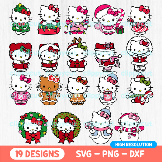 Christmas Hello Kitty SVG bundle with 19 festive designs, including Hello Kitty as a Christmas tree, Santa, gingerbread, and holiday wreaths