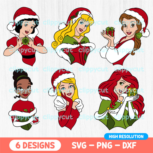 Festive Christmas princess designs featuring six characters in holiday outfits, available in SVG, PNG, and DXF formats for crafting and creative projects.