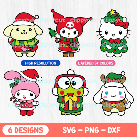 Cute Christmas Sanrio characters bundle featuring 6 designs of My Melody, Hello Kitty, and friends in festive outfits. Ideal for Cricut, Silhouette, and holiday crafts.