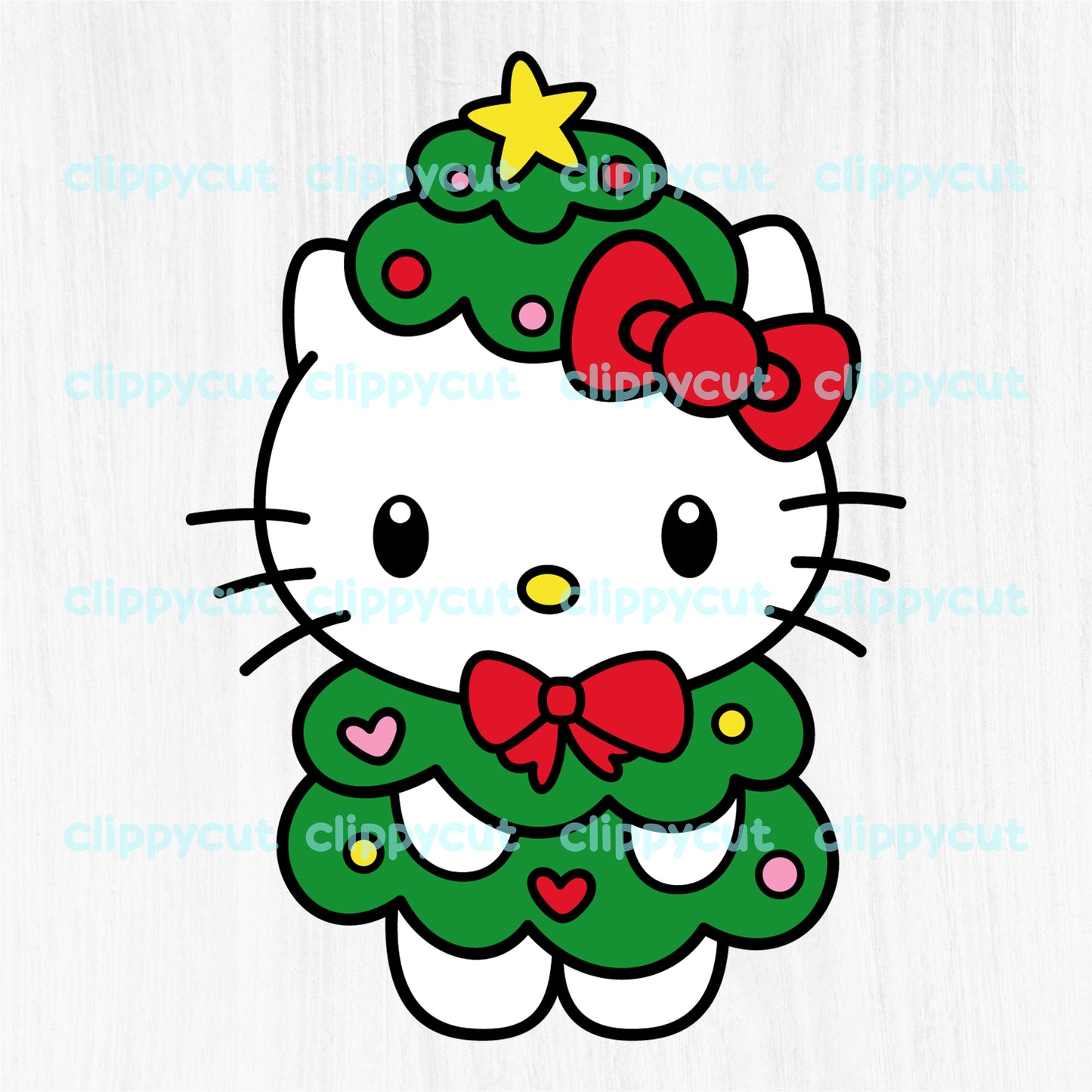 Hello Kitty dressed as a Christmas tree available in SVG, PNG, and DXF formats.