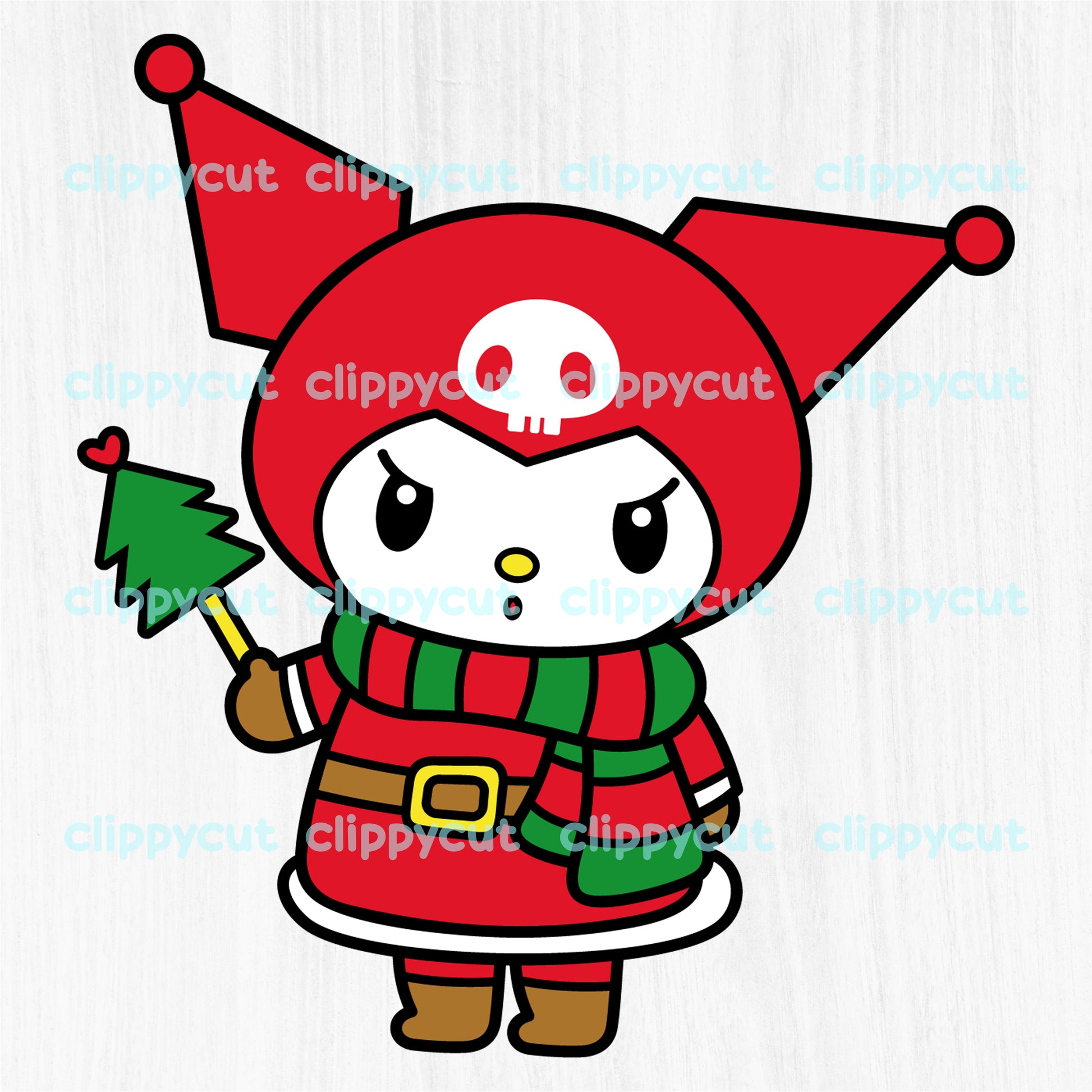 Kuromi dressed in a red Christmas outfit with a skull detail, holding a festive tree. Available in SVG, PNG, and DXF formats for holiday crafts and projects.