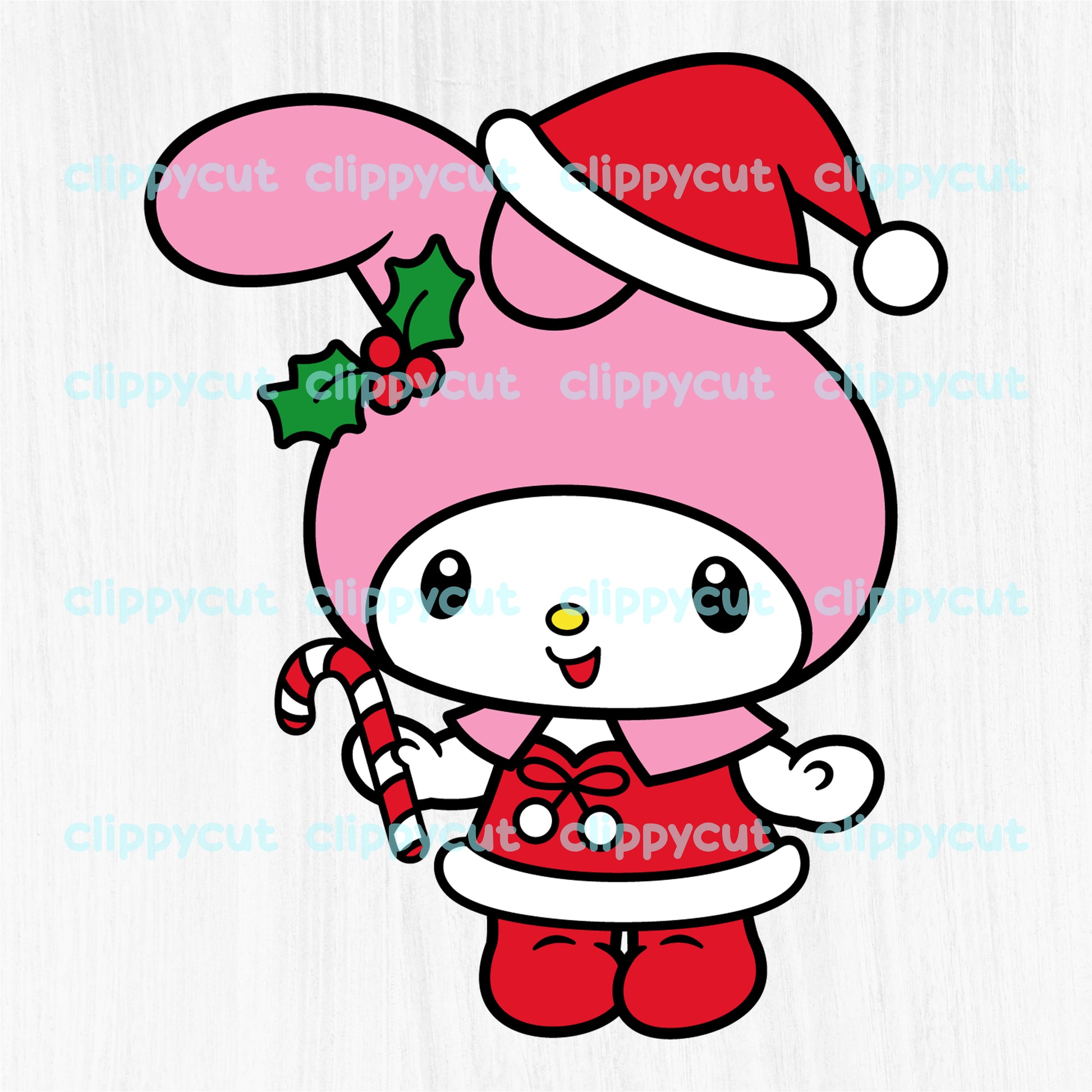 My Melody dressed in a festive Christmas outfit with a Santa hat and holly, holding a candy cane. Available in SVG, PNG, and DXF formats for holiday crafts and projects.