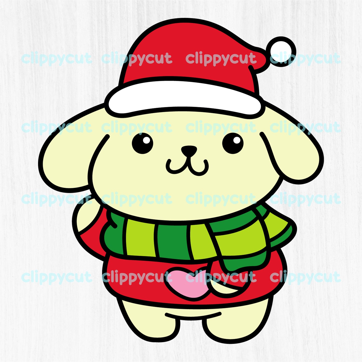 Pompompurin dressed in a festive Christmas outfit with a Santa hat and scarf. Available in SVG, PNG, and DXF formats for holiday crafts and projects.