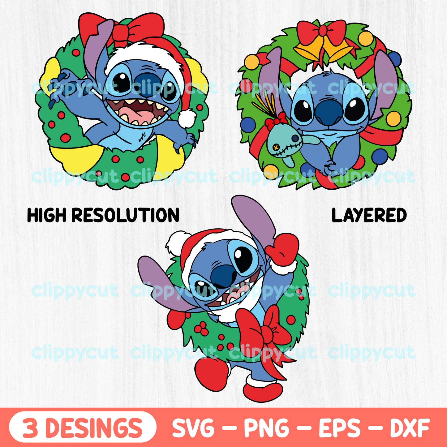 Stitch Christmas wreath digital bundle featuring three festive designs, perfect for crafting, DIY projects, and holiday decorations. Available in SVG, PNG, EPS, and DXF formats.