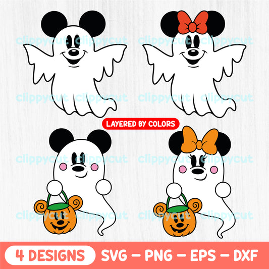 Ghost Mickey and Minnie Halloween-themed designs in SVG, PNG, EPS, and DXF formats, perfect for Cricut and Silhouette projects.