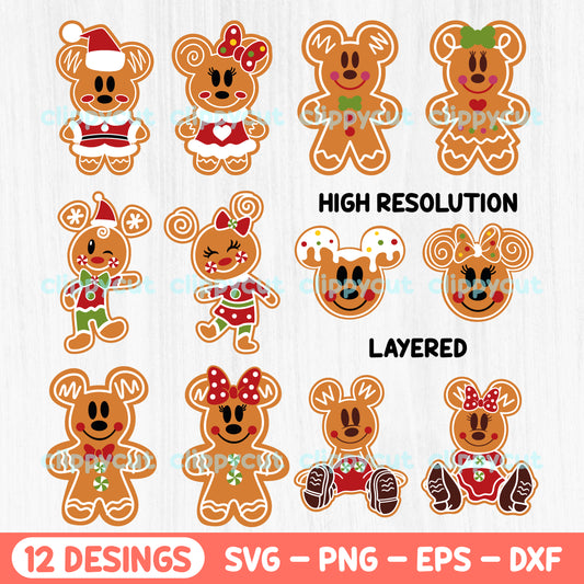 A festive collection of Mickey and Minnie Gingerbread cookie designs in 12 variations, perfect for holiday-themed projects. Includes SVG, PNG, EPS, and DXF file formats for versatile crafting.