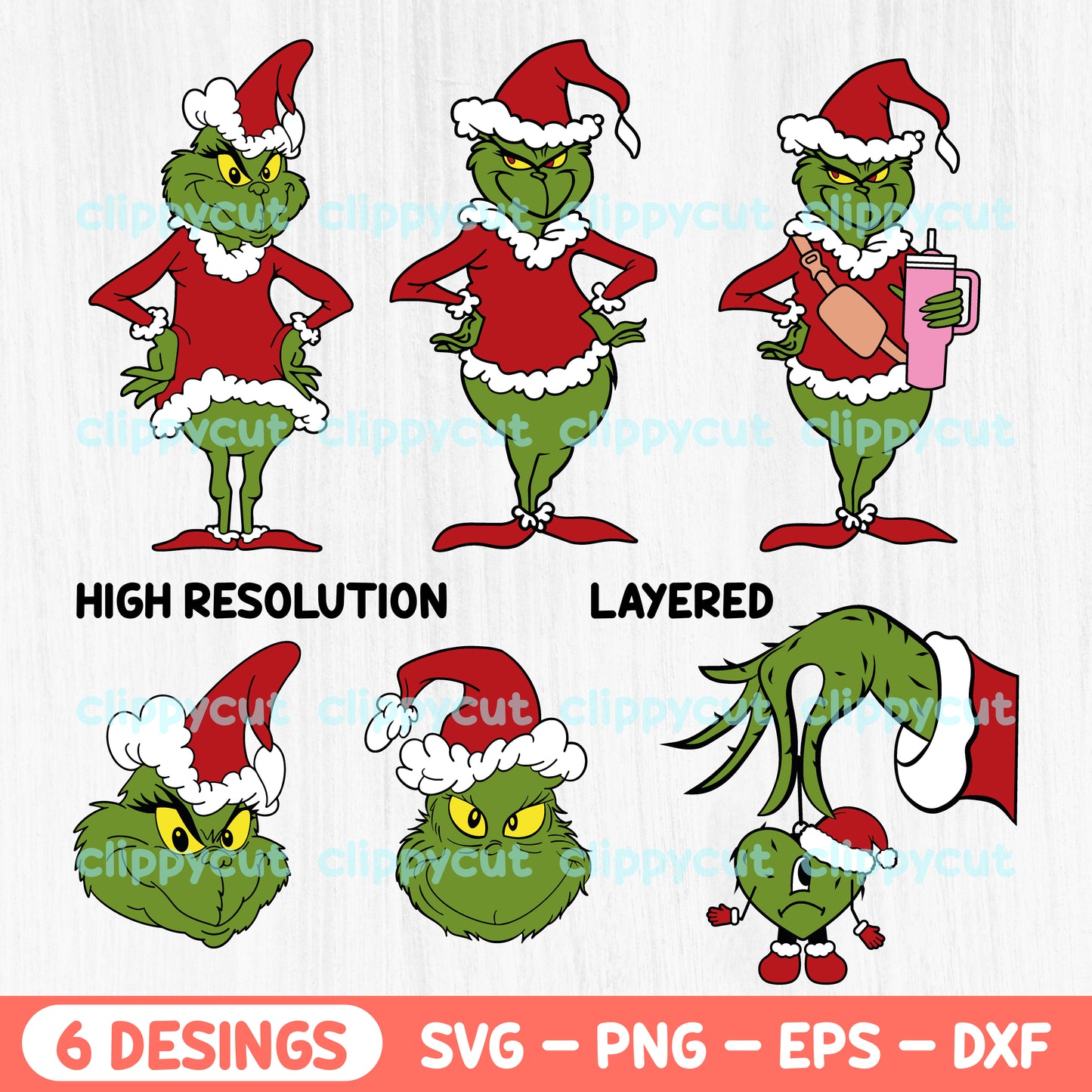  Grinch dressed as Santa Claus svg bundle, featuring six different high-resolution designs in SVG, PNG, EPS, and DXF formats. Suitable for Christmas crafts and DIY projects with Cricut and Silhouette.