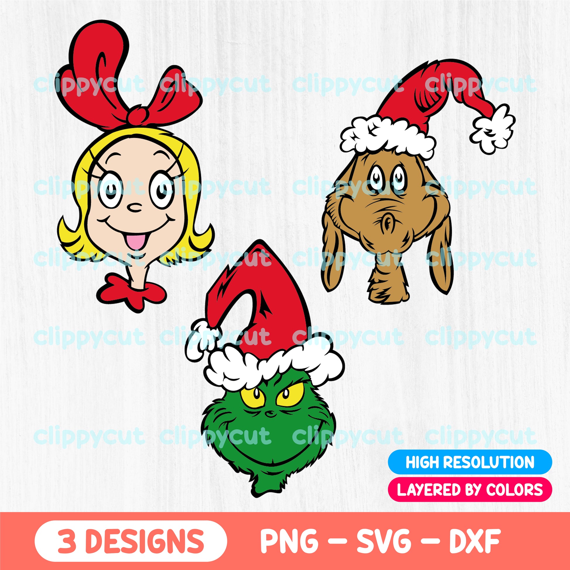 Whoville Christmas Cut Files Bundle – Grinch, Cindy Lou Who, and Max in Santa hats for holiday crafts in PNG, SVG, and DXF formats.