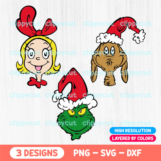 Whoville Christmas Cut Files Bundle – Grinch, Cindy Lou Who, and Max in Santa hats for holiday crafts in PNG, SVG, and DXF formats.