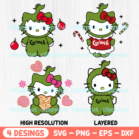 Grinch-inspired Hello Kitty Christmas bundle featuring four festive digital designs in SVG, PNG, EPS, and DXF formats. Perfect for holiday crafting, gifts, and decorations.