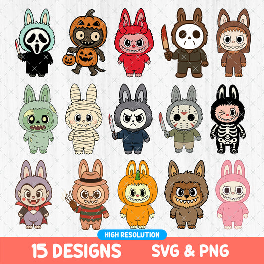 Labubu Halloween Horror Characters SVG PNG Bundle – Cute Monster Clipart - Spooky Kawaii Halloween Stickers - Digital Download for Cricut & Sublimation
