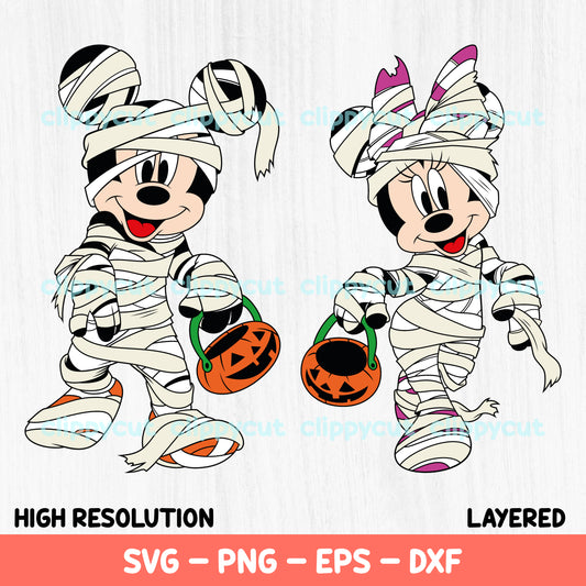 Mickey and Minnie Mouse dressed as mummies, each holding a pumpkin treat bucket, perfect for Halloween-themed crafts and designs. High-resolution, layered SVG files.