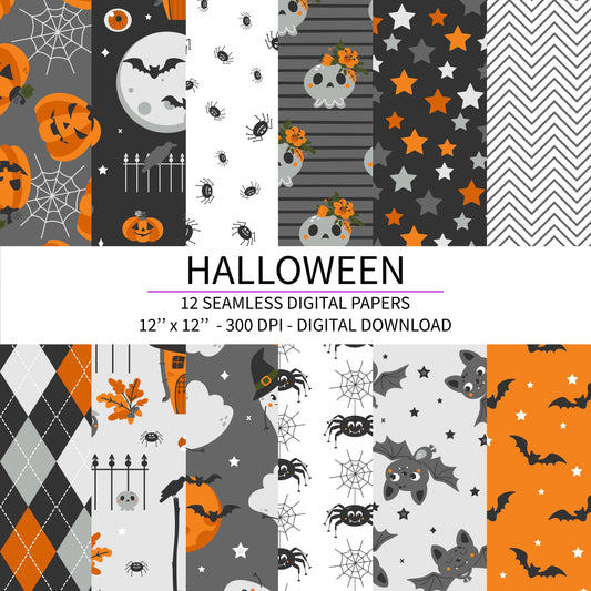 Halloween Digital Paper Bundle -12 Seamless Papers - Halloween Backgrounds Pack - Halloween Patterns - Pumpkins - Jack o Lantern - Ghosts - Skulls