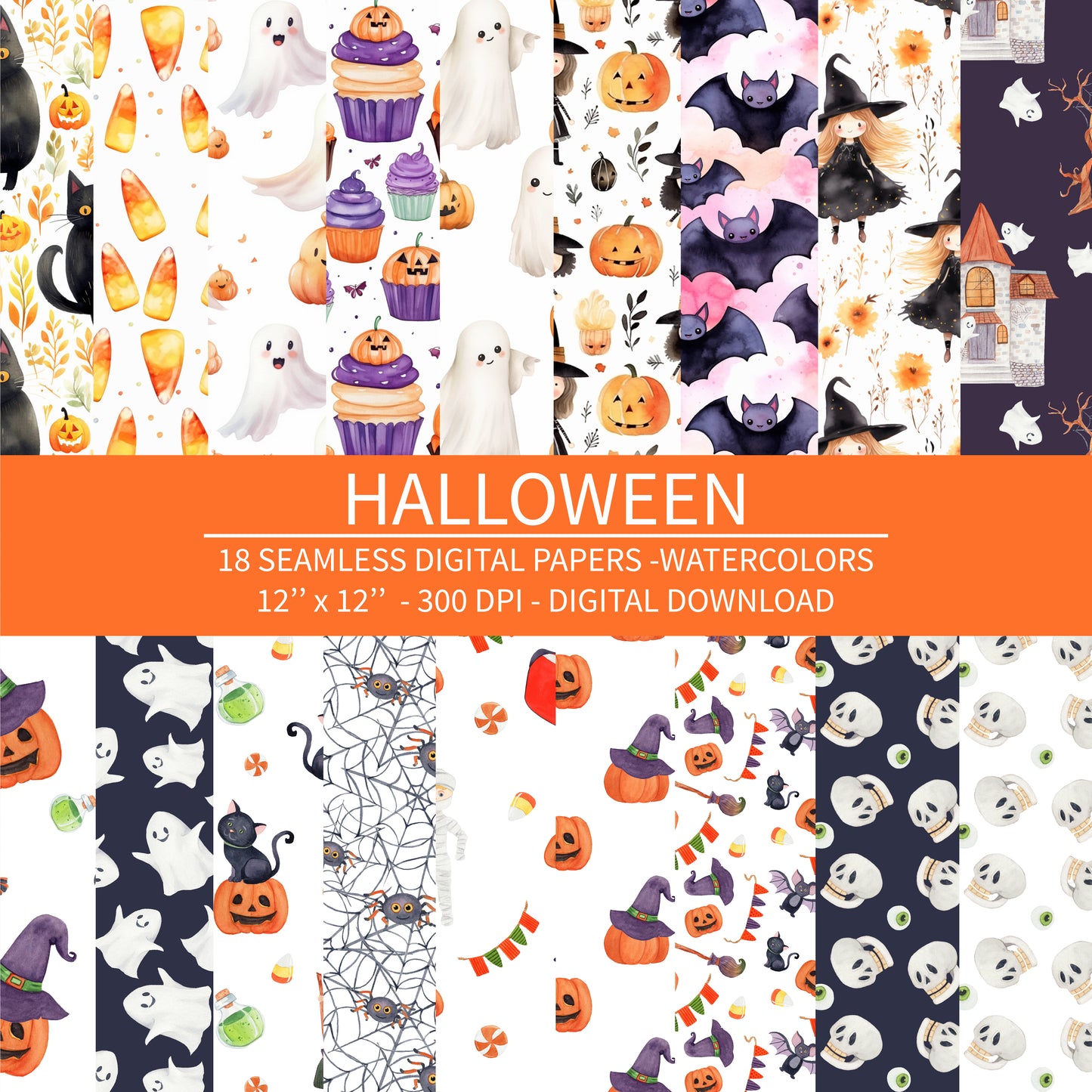 Halloween Digital Paper Pack - 18 Seamless Watercolor Patterns - Halloween Bundle - Halloween Backgrounds - Halloween Patterns - Ghost  - Witch - Bat