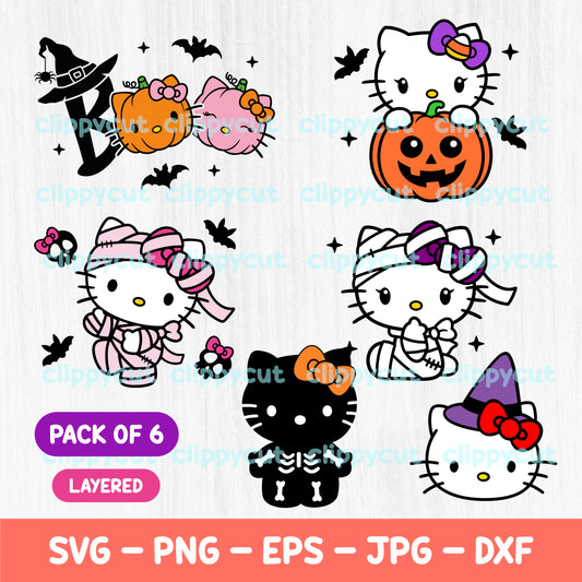 Halloween Kitty Bundle - Kitty Clipart - Layered SVG Pack - Sublimation Shirt  -Cute Cat - Kawaii Characters - Cut Files - Cricut & Silhouette - Skeleton - Mummy - Pumpkin - Witch - Boo