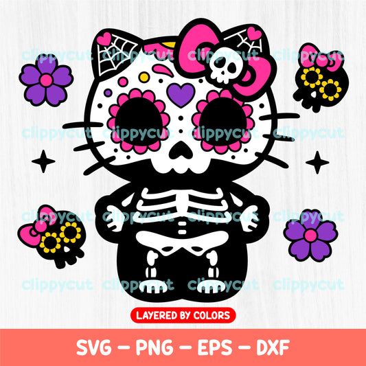 Cute Hello Kitty skeleton design with colorful Day of the Dead details, perfect for Halloween and Día de los Muertos projects.