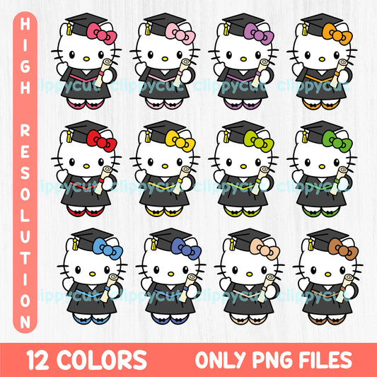 A set of Hello Kitty Graduate Clipart designs in 12 different colors. Each Hello Kitty is shown wearing a cap and gown, holding a diploma, ideal for graduation-themed projects.