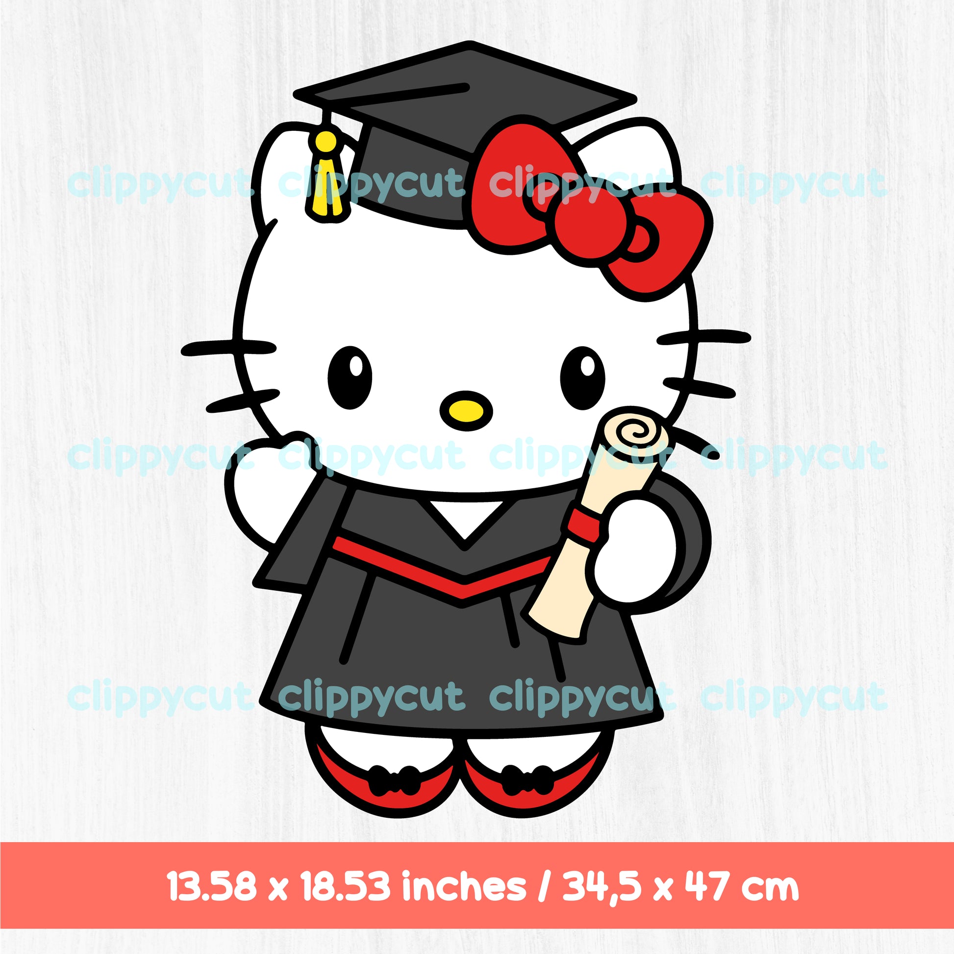 A set of Hello Kitty Graduate Clipart designs in 12 different colors. Each Hello Kitty is shown wearing a cap and gown, holding a diploma, ideal for graduation-themed projects.