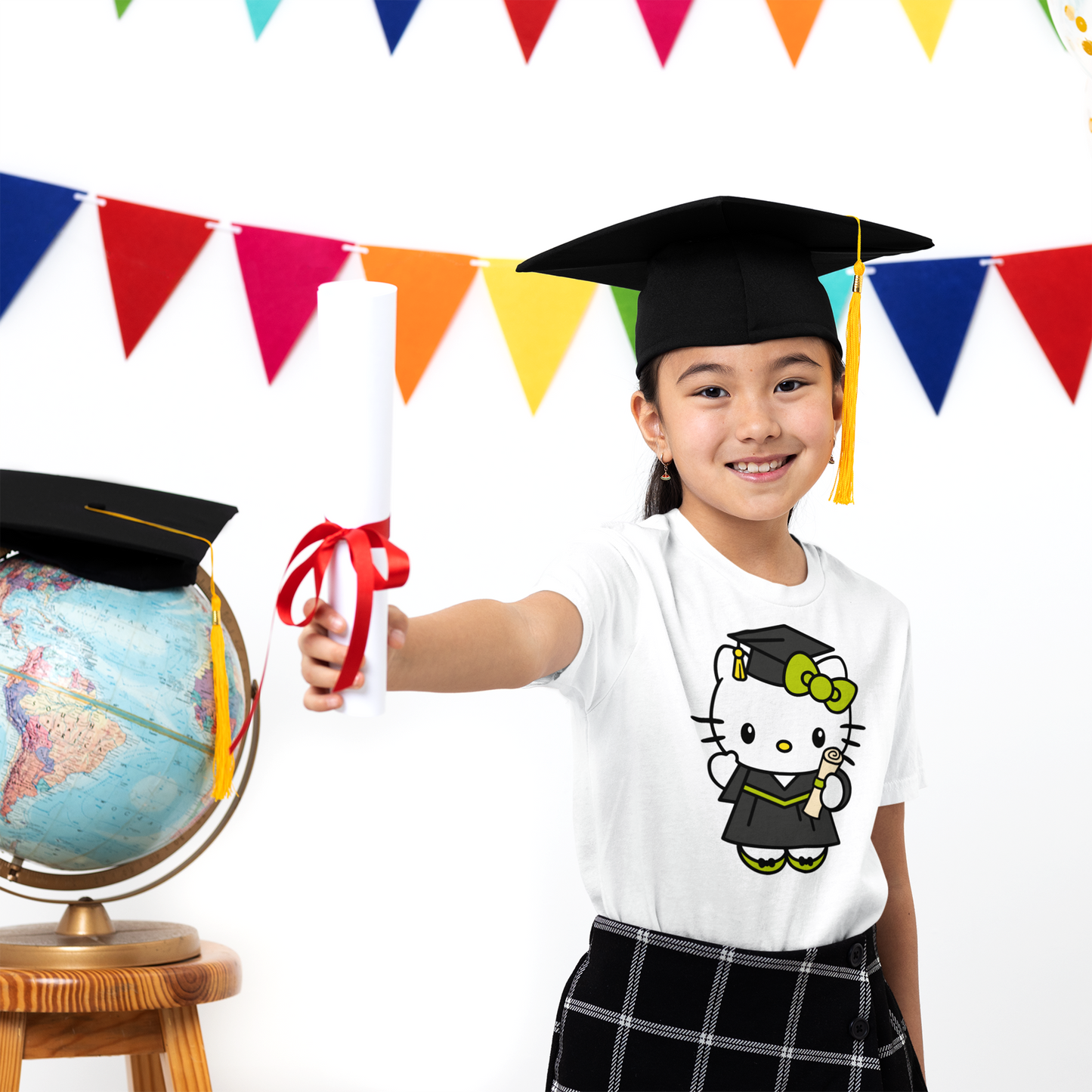 A set of Hello Kitty Graduate Clipart designs in 12 different colors. Each Hello Kitty is shown wearing a cap and gown, holding a diploma, ideal for graduation-themed projects.