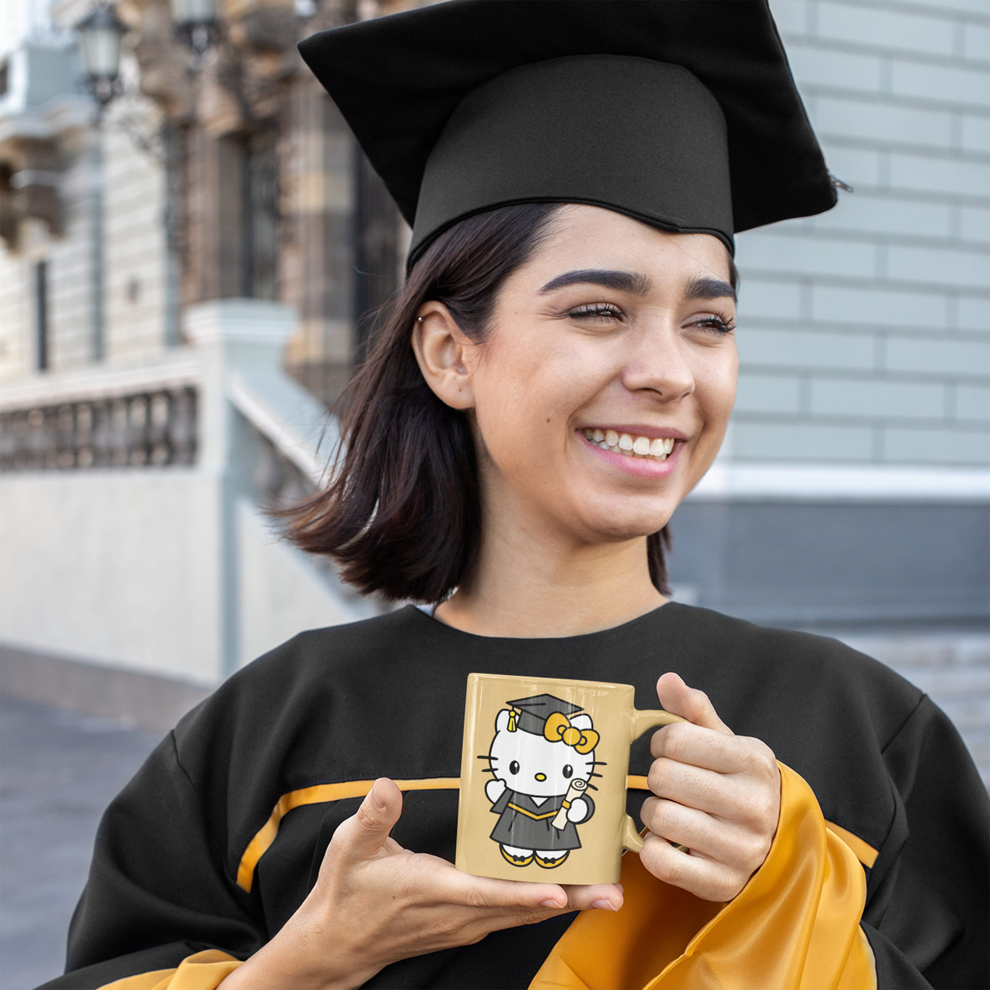 A set of Hello Kitty Graduate Clipart designs in 12 different colors. Each Hello Kitty is shown wearing a cap and gown, holding a diploma, ideal for graduation-themed projects.