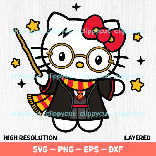 Hello Kitty dressed as Harry Potter with glasses, a wand, and a Gryffindor scarf in a high-resolution, layered SVG format. Ideal for magical-themed crafting projects.