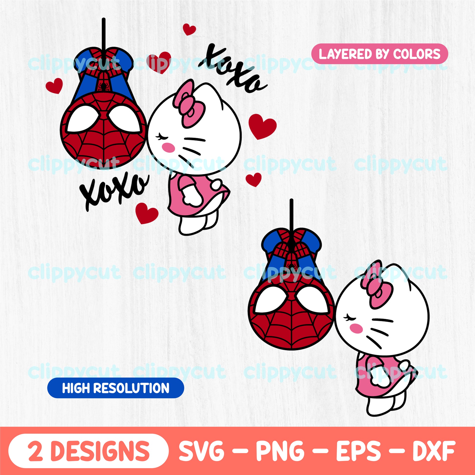 Illustration of Hello Kitty kissing a hanging Spider-Man mask with red hearts around them. Two design variations are shown, perfect for crafting and personalization projects, available in high-resolution SVG, PNG, EPS, and DXF formats.